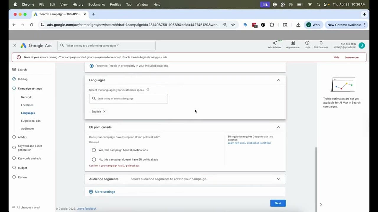 Google Ads campaign setup walkthrough for Christmas light installers